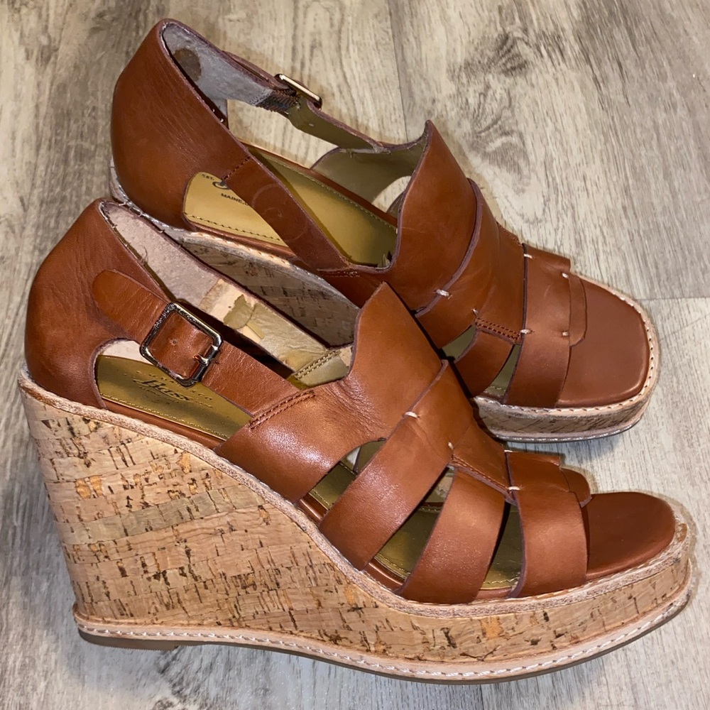 G HBass & Co Wedges Taylor Camel Brown Leather Strappy Platform Cork Heel sz 8M - Picture 4 of 16
